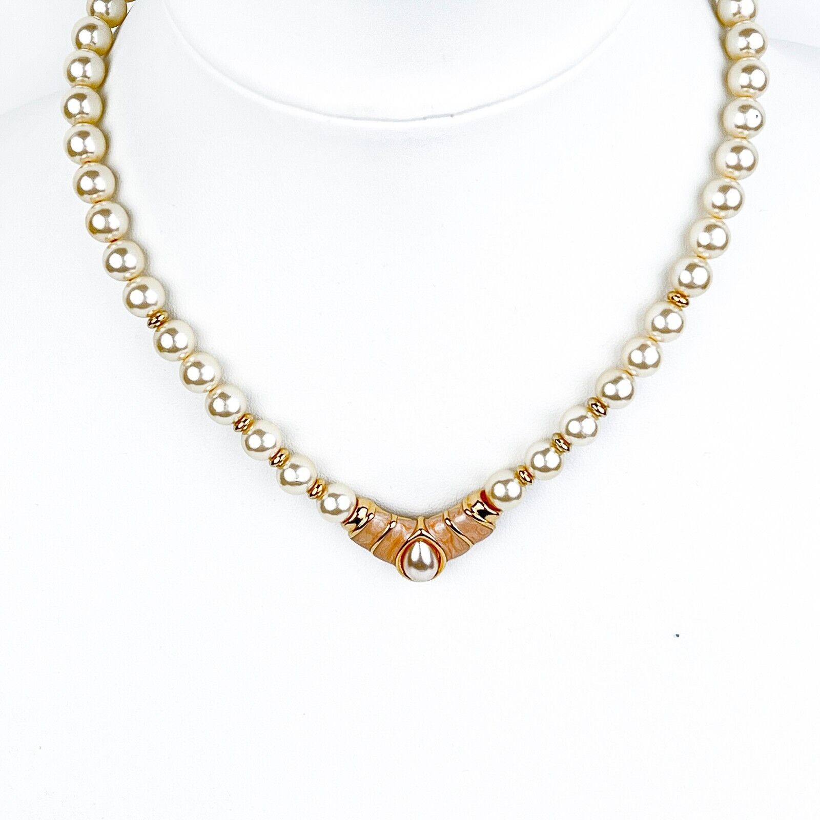 Napier Necklace Faux Pearl Light Pink Swirl Enamel Gold Tone Plate Signed Vtg