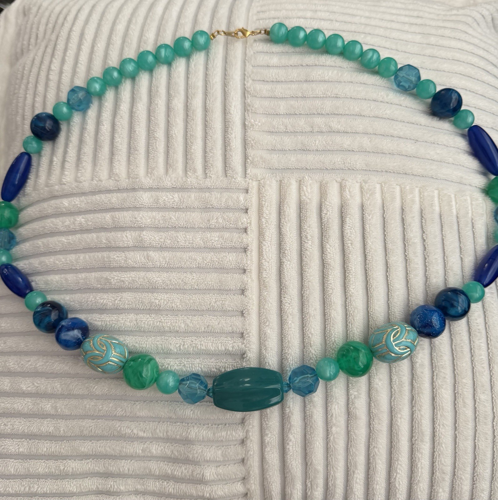 VTG 30” Gold/ Aqua Med Beaded & Royal Blue Necklace And Clip Earrings Set