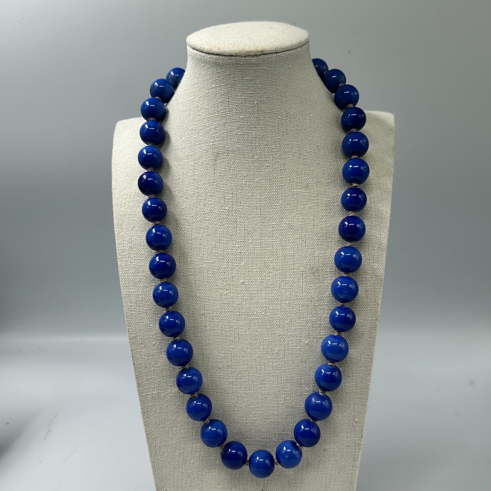 Vintage Chinese Peking Blue Glass Bead Necklace Hand Knotted Cloisonne Clasp 26″
