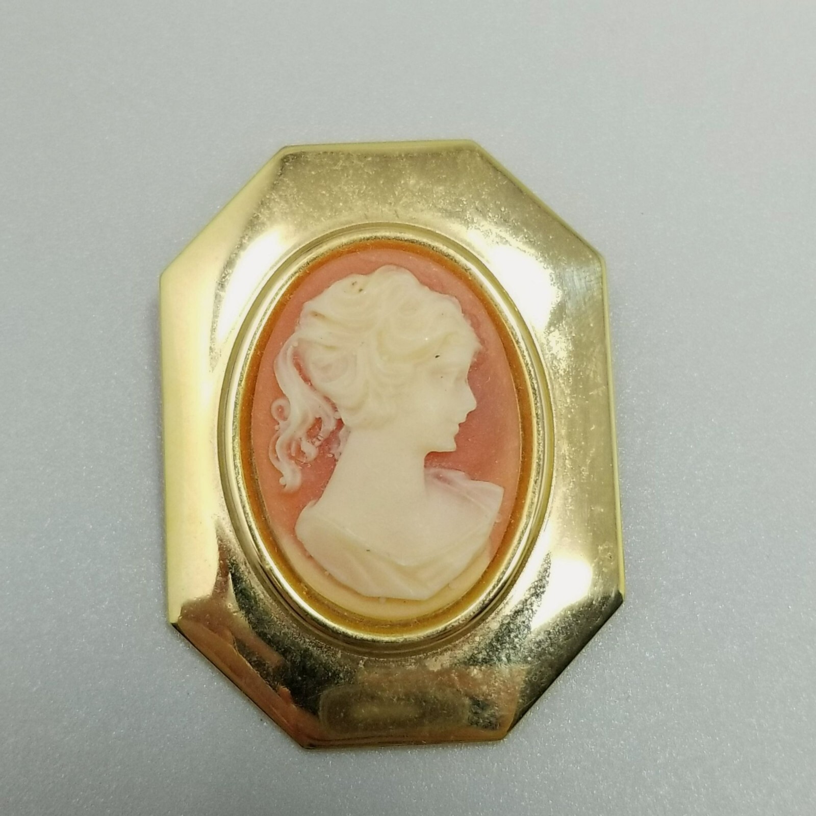 Vintage Cameo Brooch Pendant Gold Tone Frame Orange Cream Color Portrait
