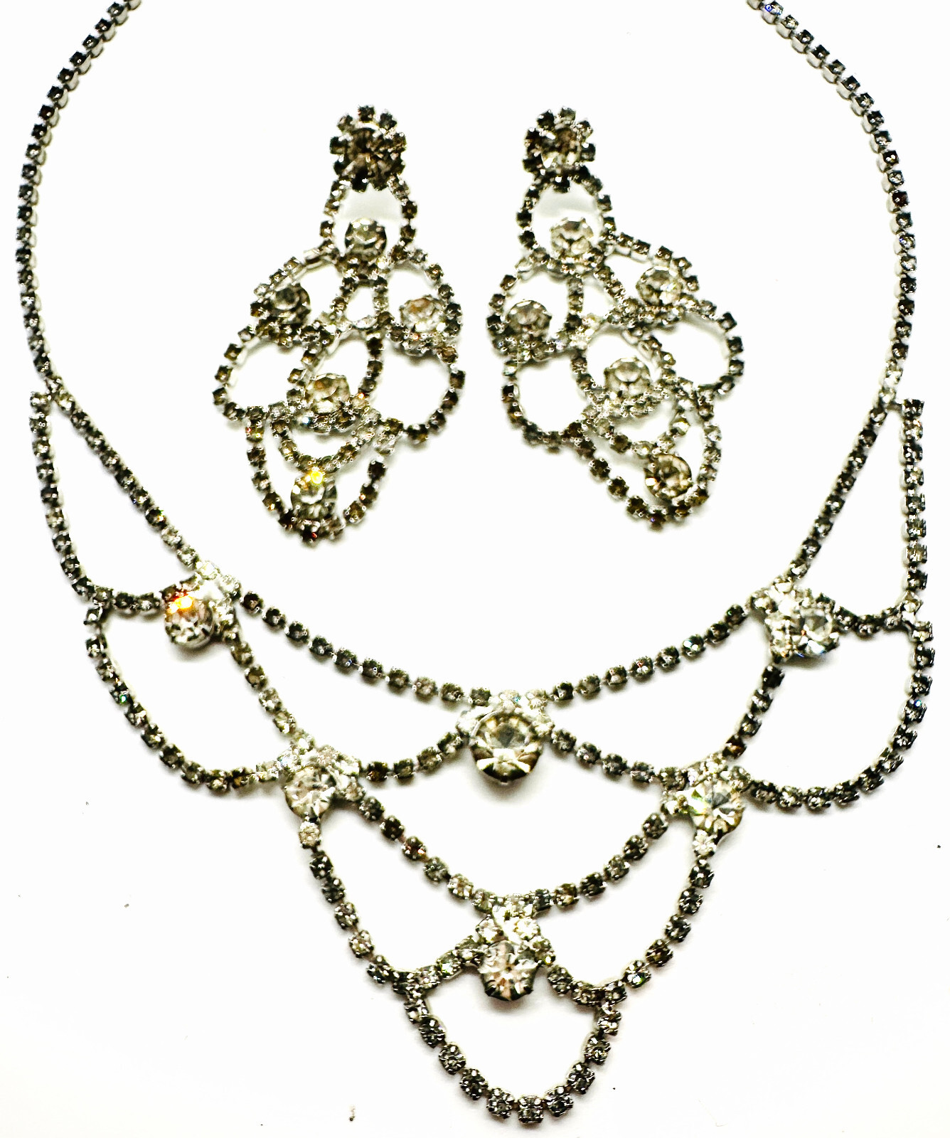 Vintage NOS Smokey Crystal Rhinestone Festoon Necklace & Pierced Earrings Set