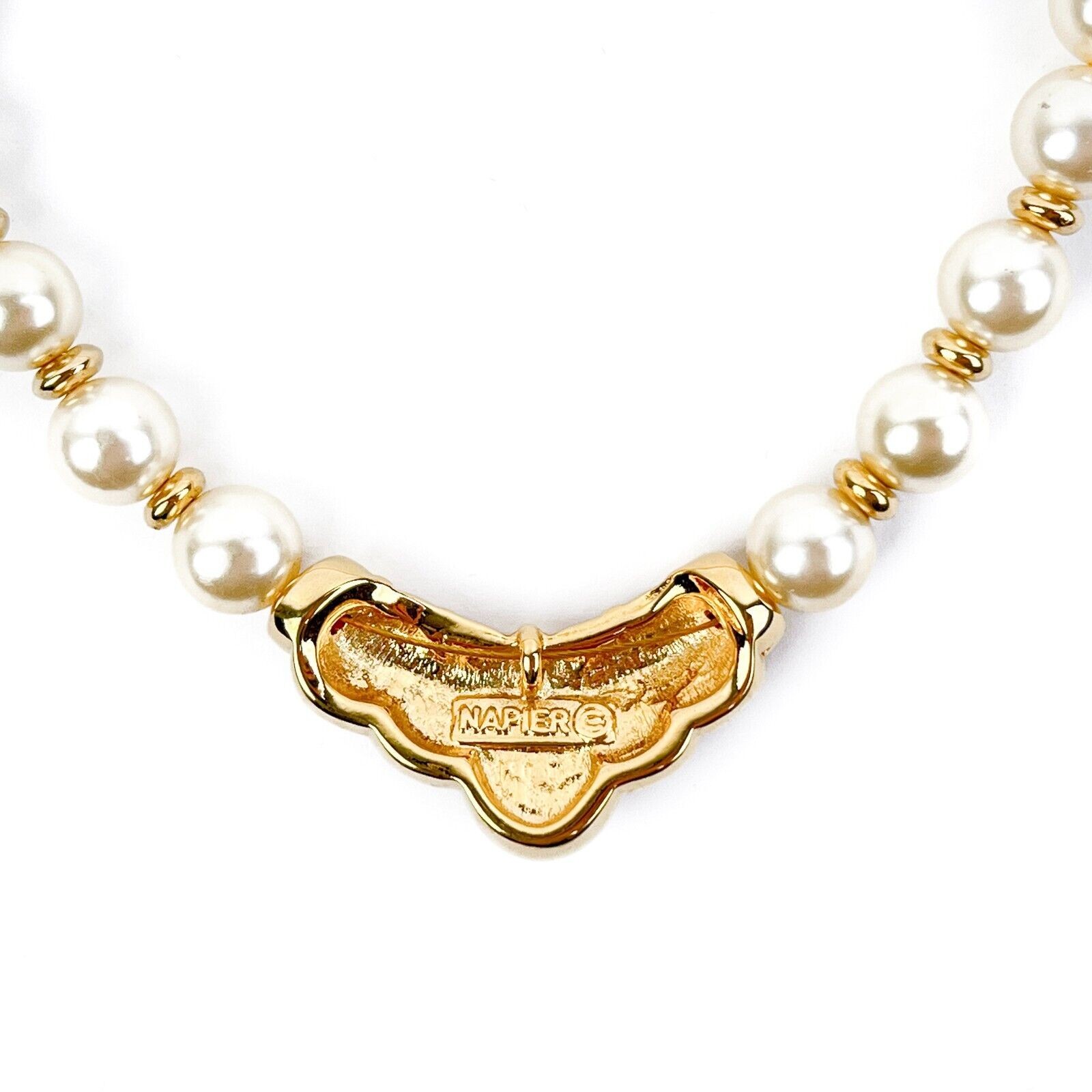 Napier Necklace Faux Pearl Light Pink Swirl Enamel Gold Tone Plate Signed Vtg