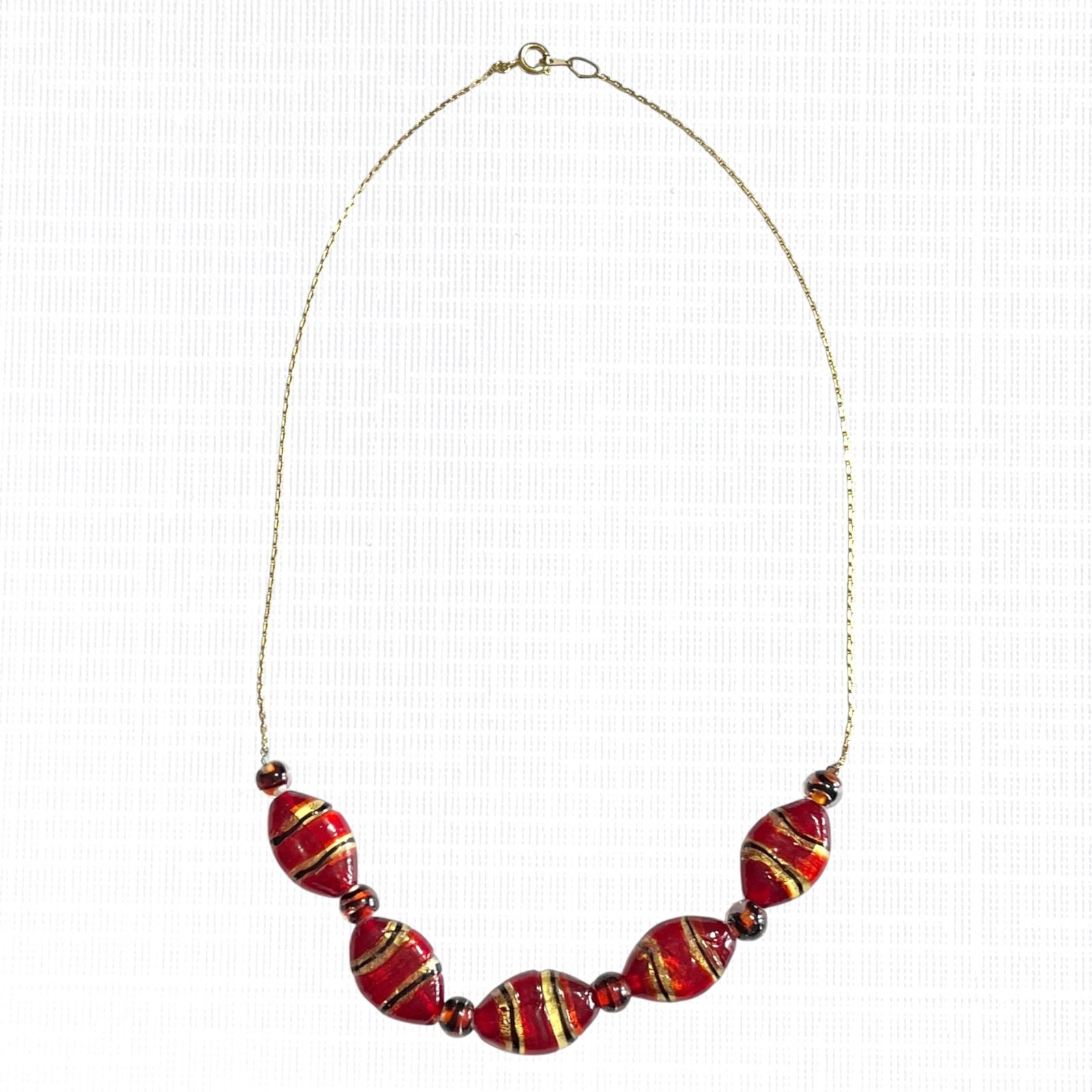 Vintage Art Glass Beaded Necklace Red Oval Gold Tone Foil Striped Handmade