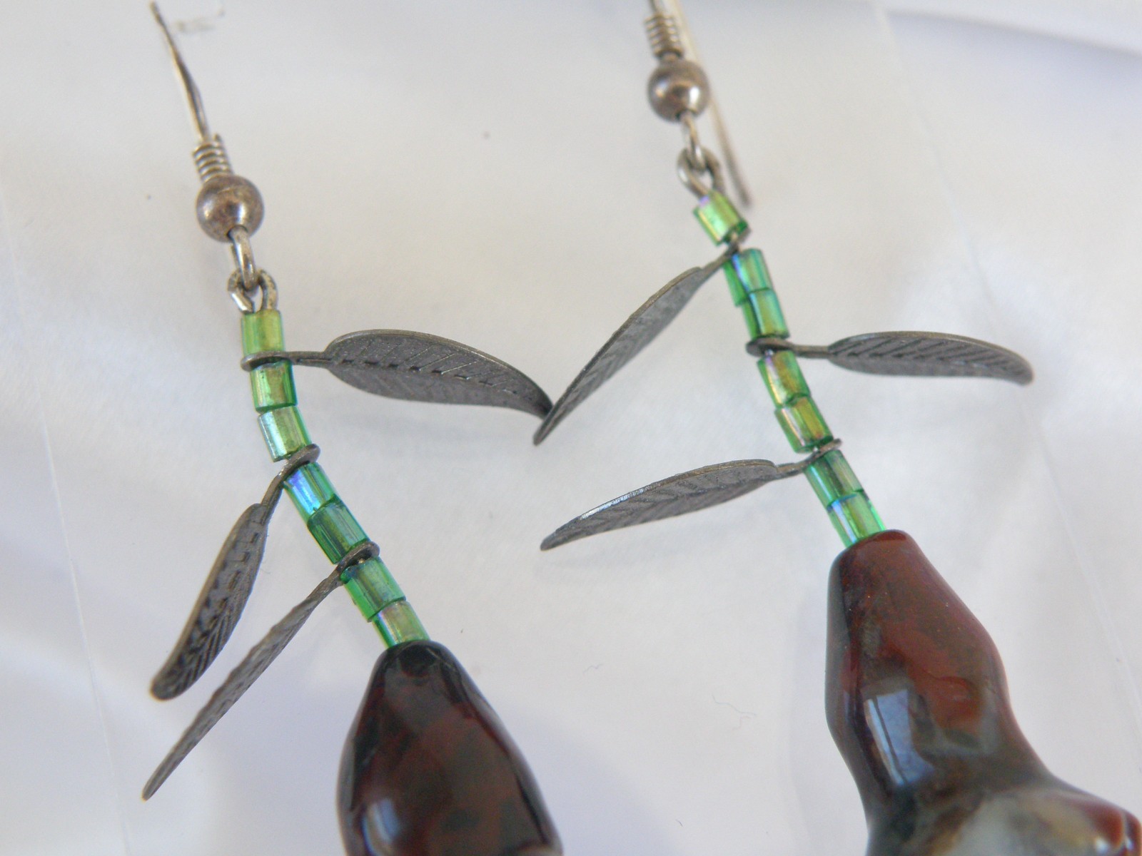 Vintage Sterling Silver 925 Artisan Tulip Flower Carved Stone Dangle Earrings