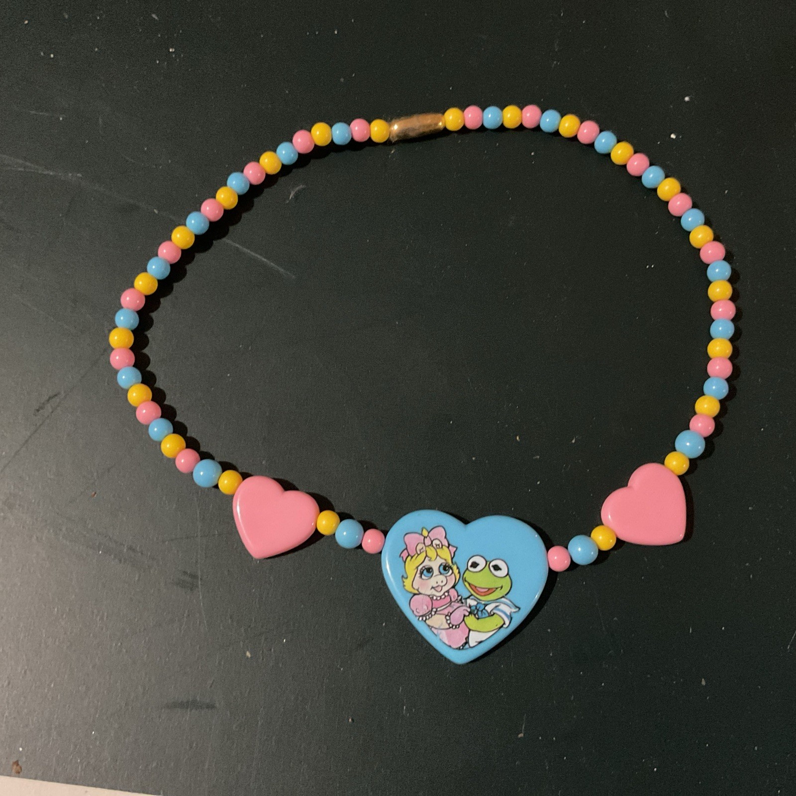 Vintage Kermit And Miss Piggy Necklace Heart Shaped Pink & Blue Nostalgia 80’s
