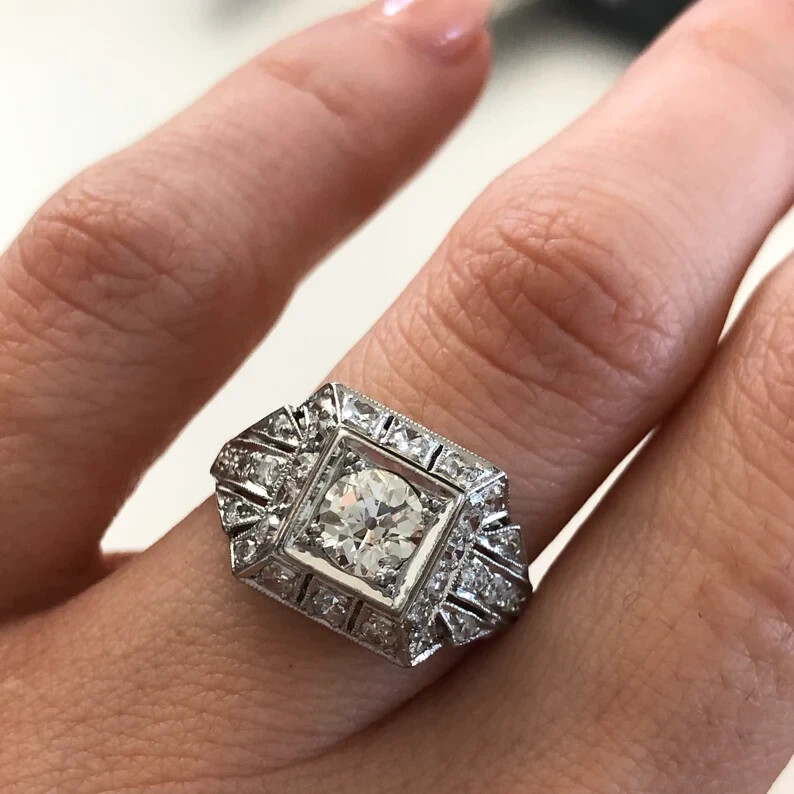 1920s Art Deco Engagement Ring Old European Cut 0.5ct Silver Antique Vintage