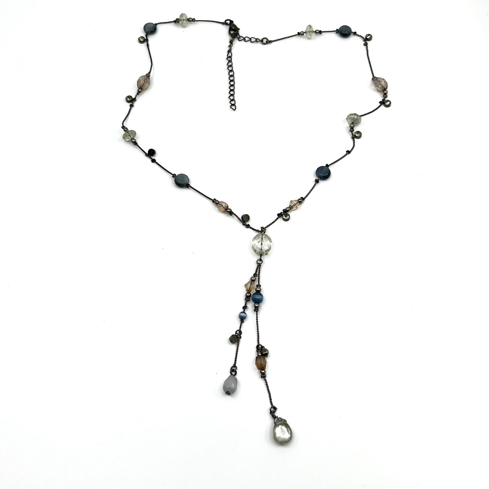 Vintage Y2K Gunmetal Blue Beaded Y-Necklace Tassel Drop Boho Aesthetic Classic