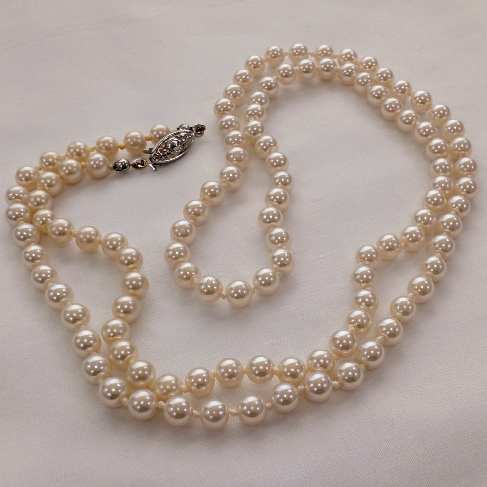 Vintage Glass Pearl Knotted Single Strand + Fish Hook Clasp Necklace 30″