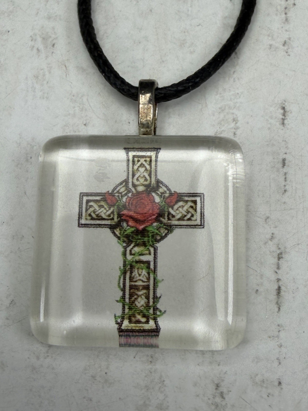 Reverse Carved Lucite Celtic Cross Rose Pendant Necklace Black Cord