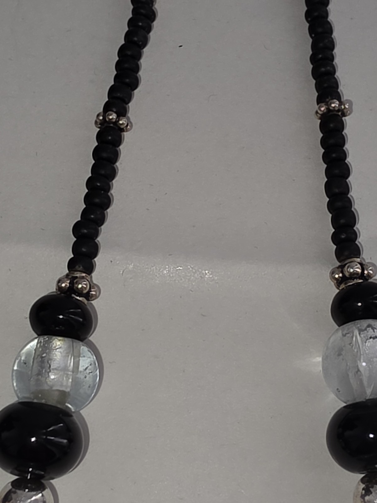 VTG Sterling Black Clear Glass Bead Necklace 60.97g