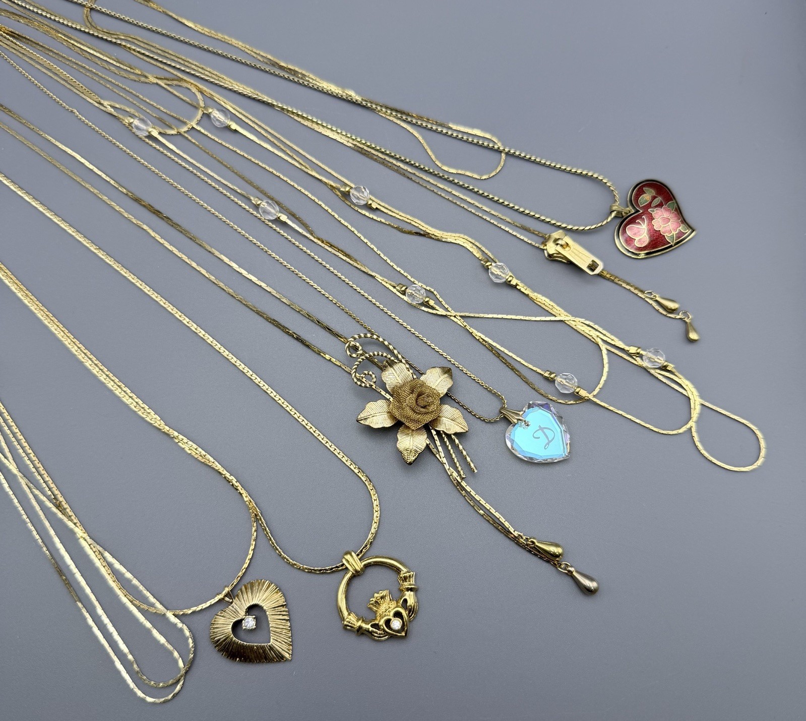 Vintage Necklaces Lot Of 8 Gold Tone Cloisonne Heart Floral Claddagh Zipper