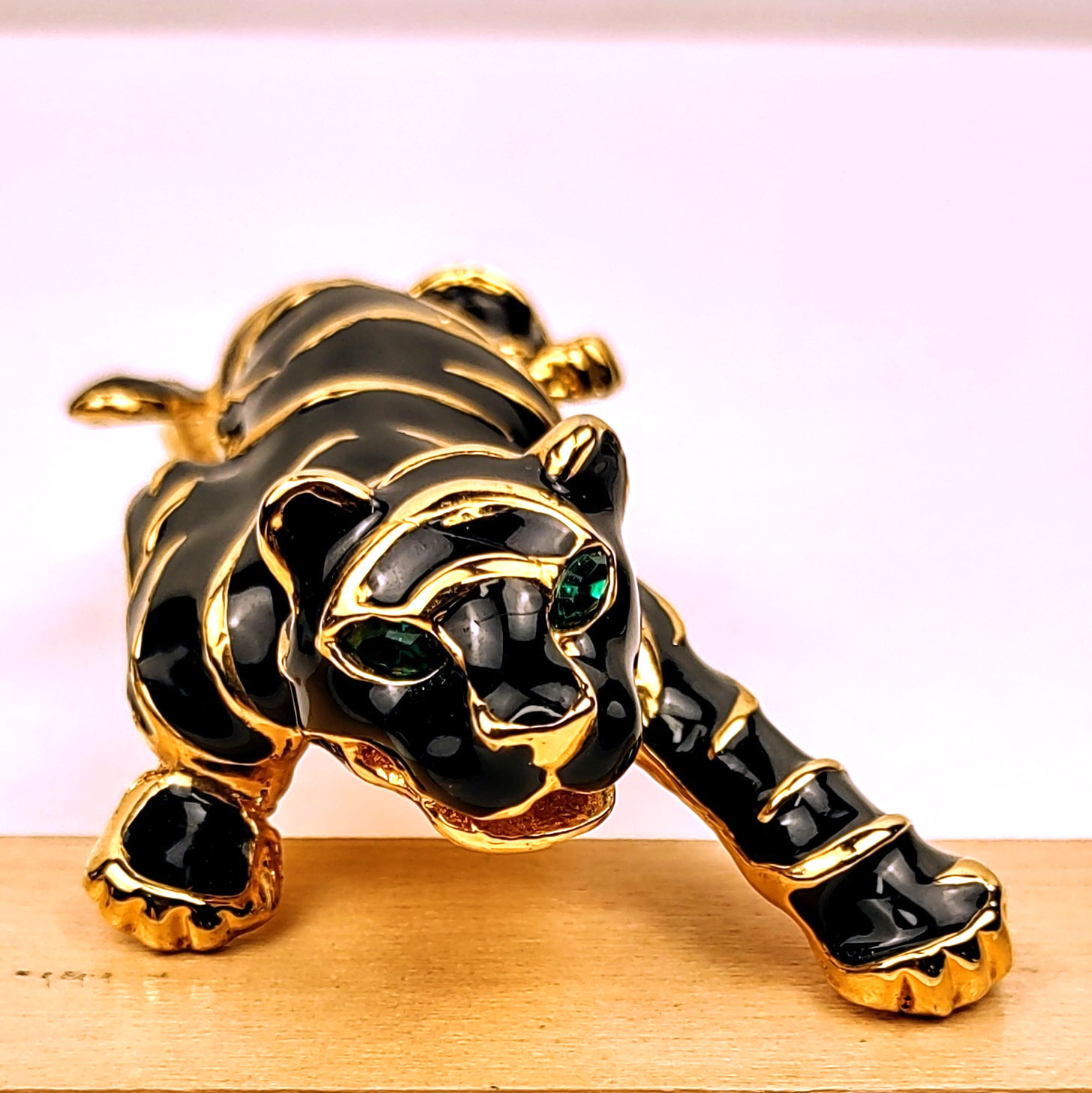Tiger Brooch Black Enamel Gold Colored Metal Stripes Green Rhinestone Eyes 4.5″