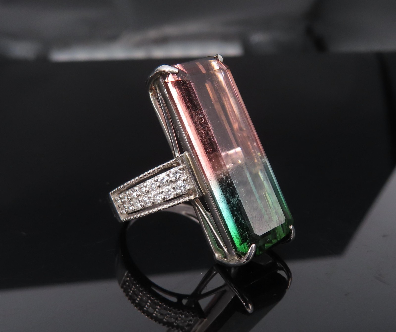Rare 15.82ct Natural Party Color Tourmaline 0.35ct Diamond Platinum Ring, Size 7