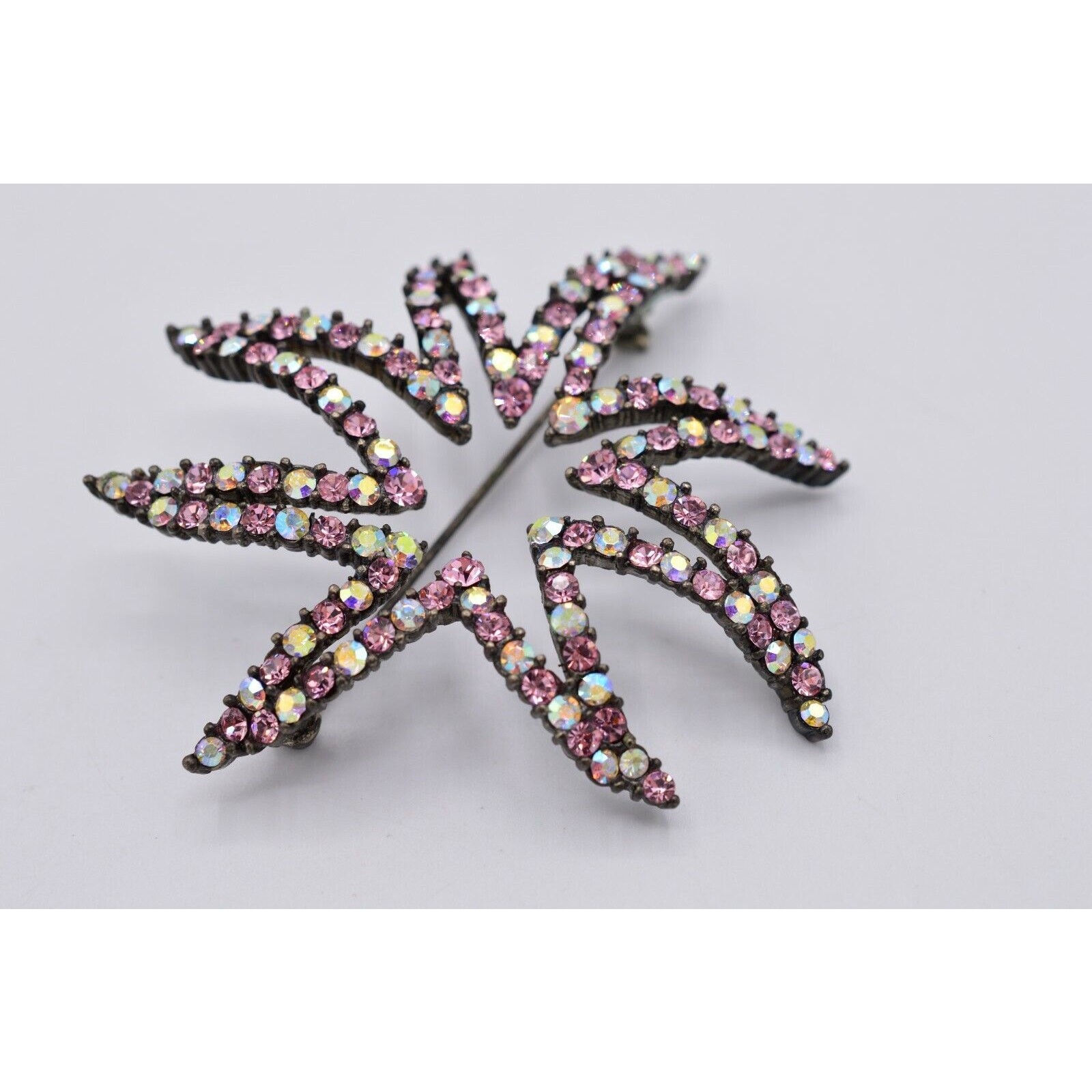 Givenchy Vintage Crystal Flower Star Pin Brooch AB Pink Gunmetal Signed 80s Bin8