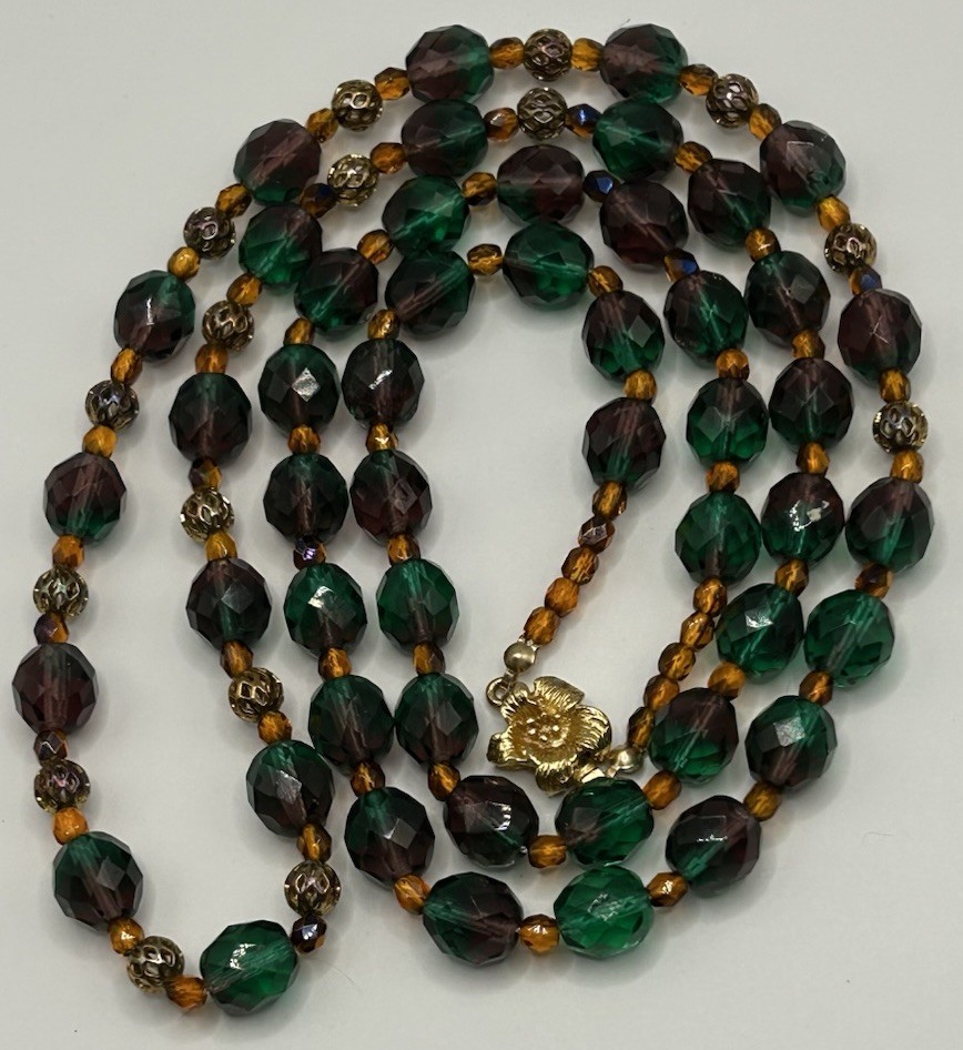 Vintage Retro Amethyst Green Fire Faceted Glass Beaded 33” Necklace