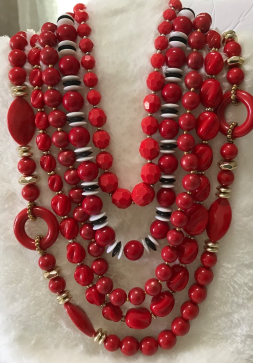Lot of 5 Red Costume Jewelry Necklaces Fun Bright Beads Various Designs Vintage