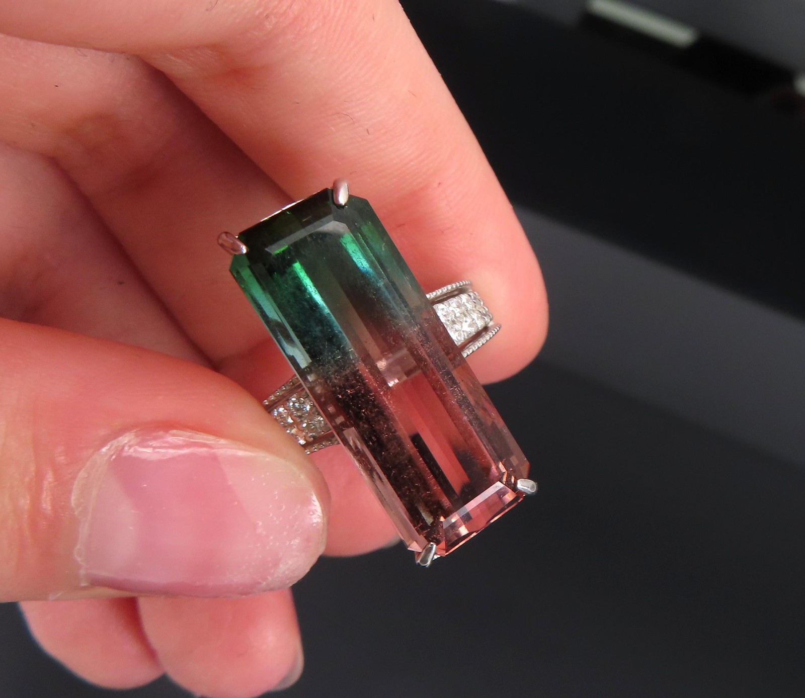 Rare 15.82ct Natural Party Color Tourmaline 0.35ct Diamond Platinum Ring, Size 7