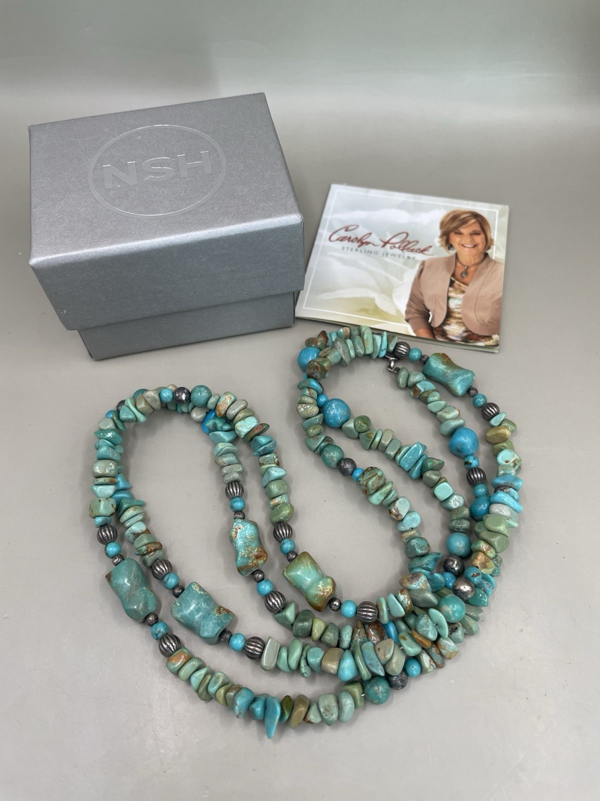 Vintage Carolyn Relios Pollack Turquoise Sterling Silver 925 Beaded Necklace Box