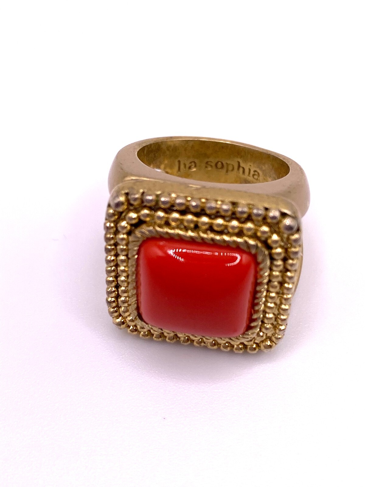 Vintage Style Lia Sophia Ring Large Square Orange Lozenge Goldtone Metal Setting