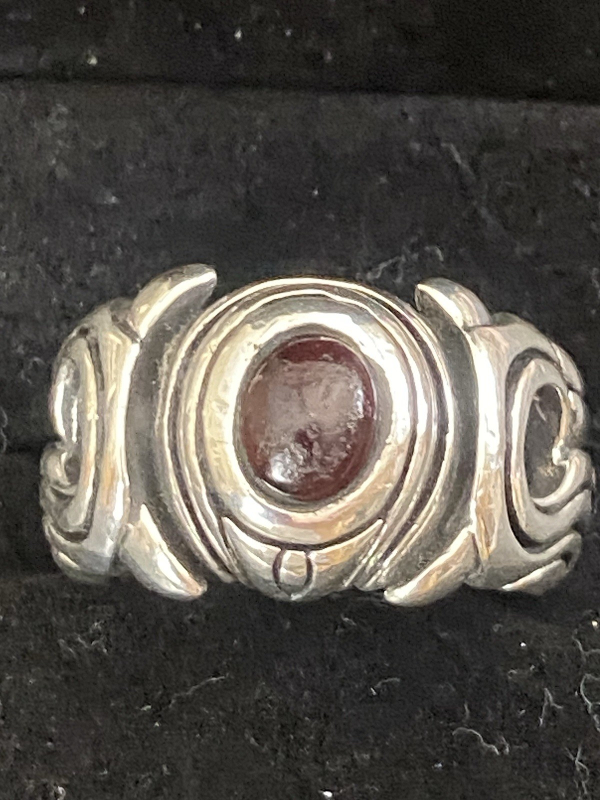 Vintage Heavy Sterling Silver Ring 18 DWT Deep Red Garnet Cabochon Stone