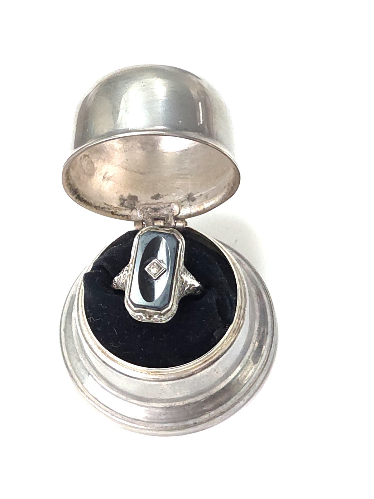 Antique 14K White Gold Black Onyx & Diamond Art Deco Filigree Ring Sz 6.5