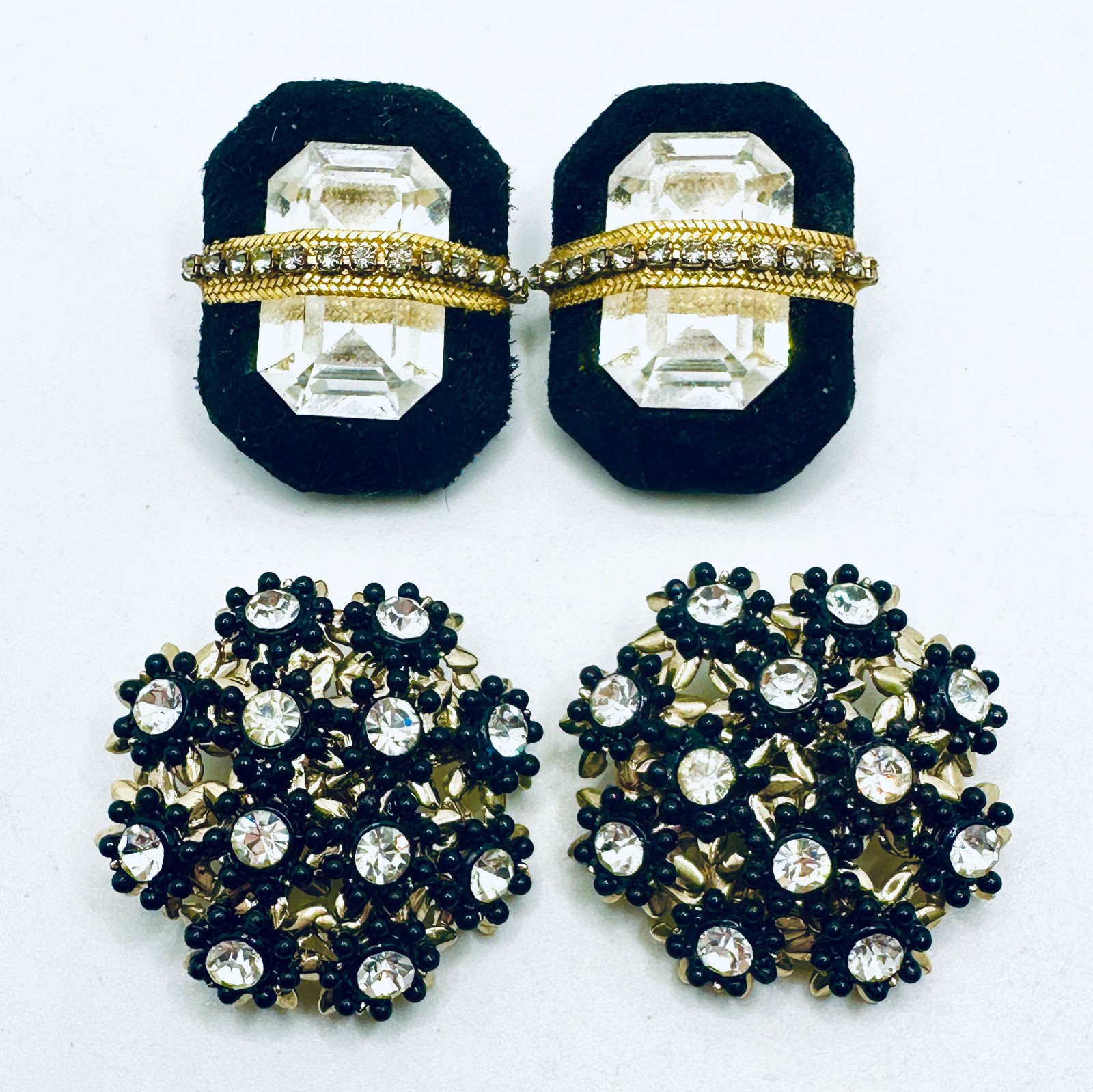 Lot 2 Vtg Chunky Black & Gold Tone Rhinestone Clip Earrings Swedged, Leather 80s