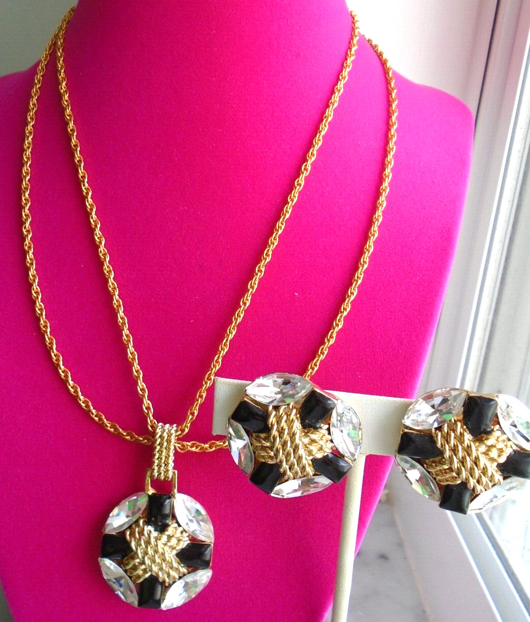 Signed Orena Paris Gold Ton Earring Necklace Set Vintage Marquise Crystal France