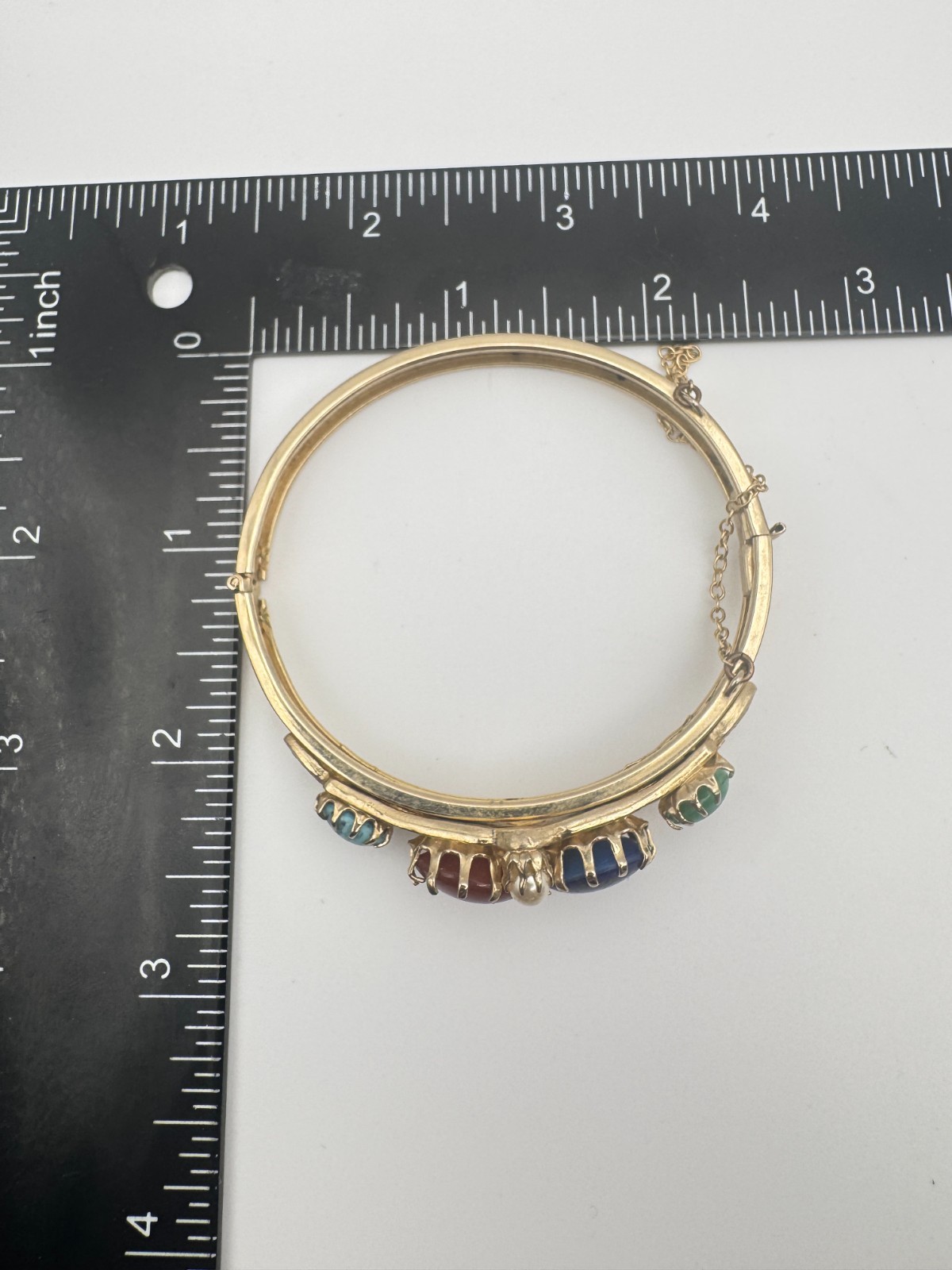 Vintage Cabochon Bracelet Green Blue Hinged Bangle Victorian Revival