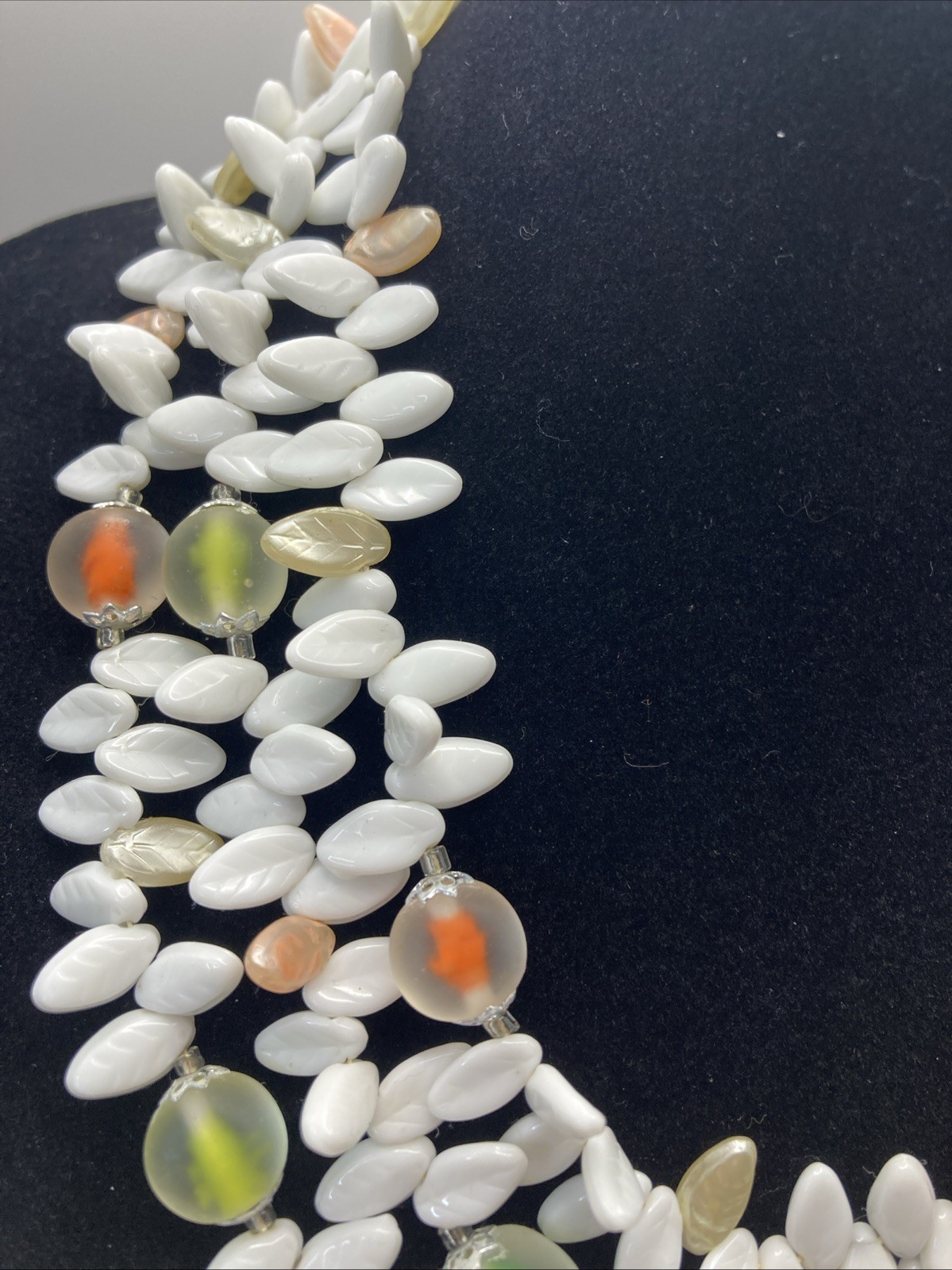 Triple Strand Plastic Orange Green White Leaves Translucent Resin Beads Necklace