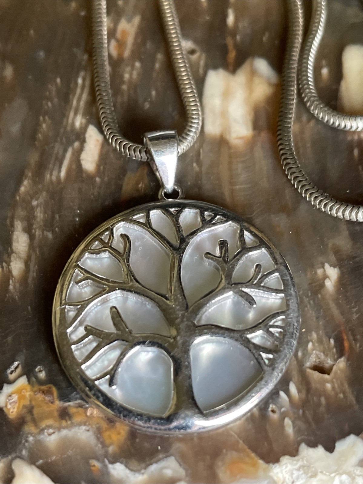 Vintage Sterling Silver And MOP Tree Of Life Pendant Necklace 23”
