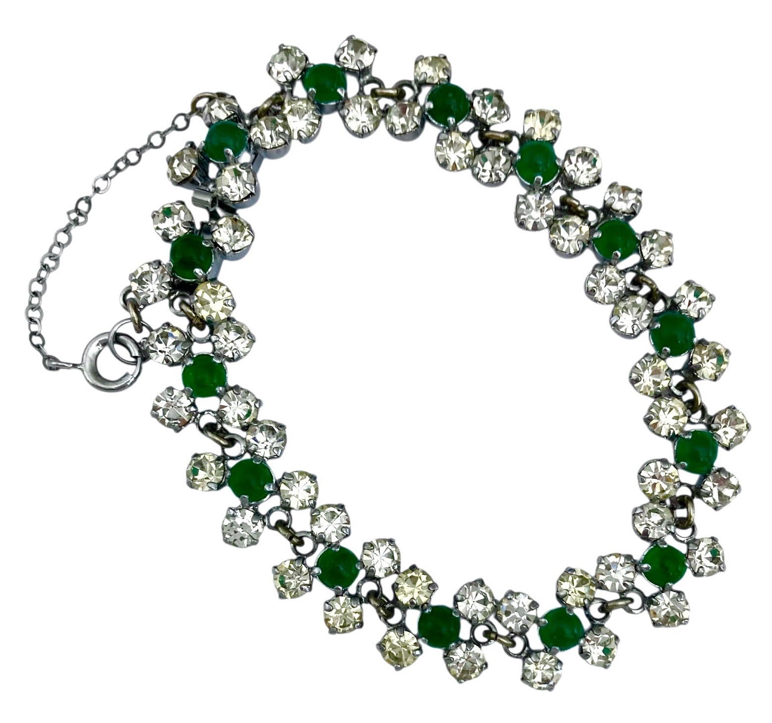 VINTAGE 1950’s Silver Tone Faux EMERALD & CLEAR AUSTRIAN CRYSTAL Link Bracelet