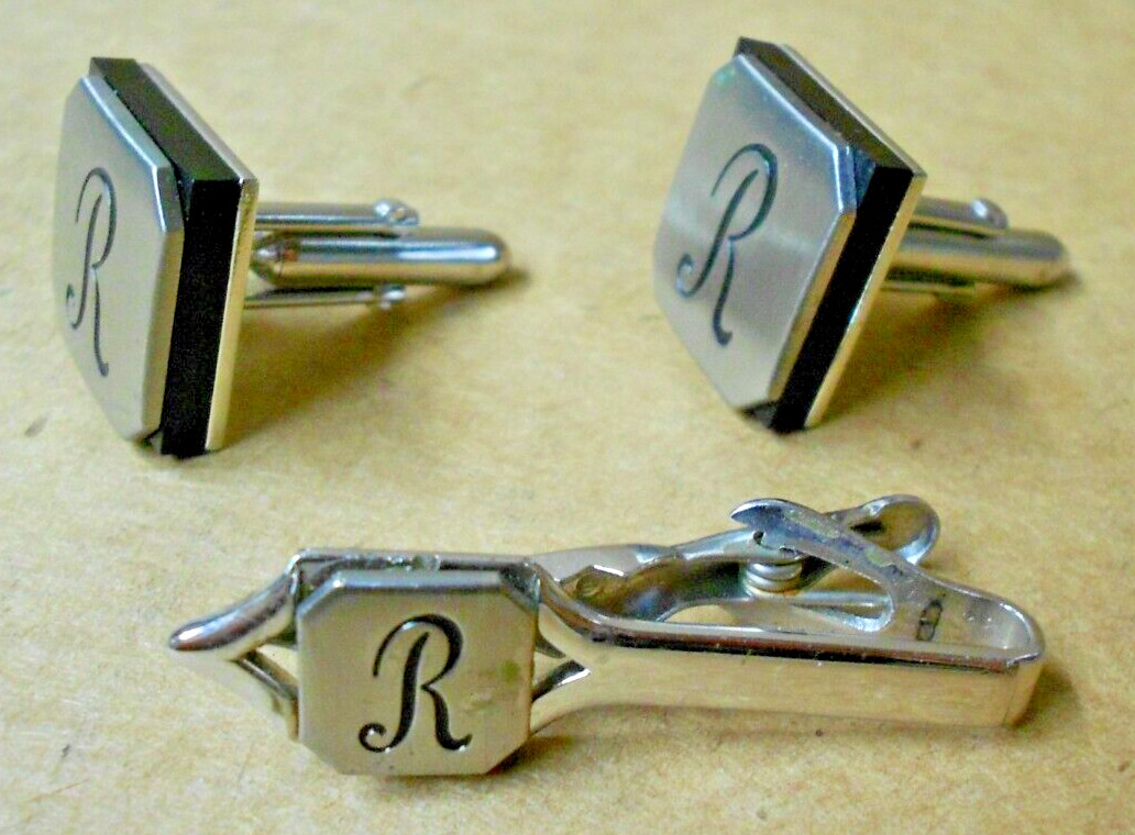 R Monogram Initial Letter Font Vtg SWANK Cuff Links & Tie Bar Clip Set