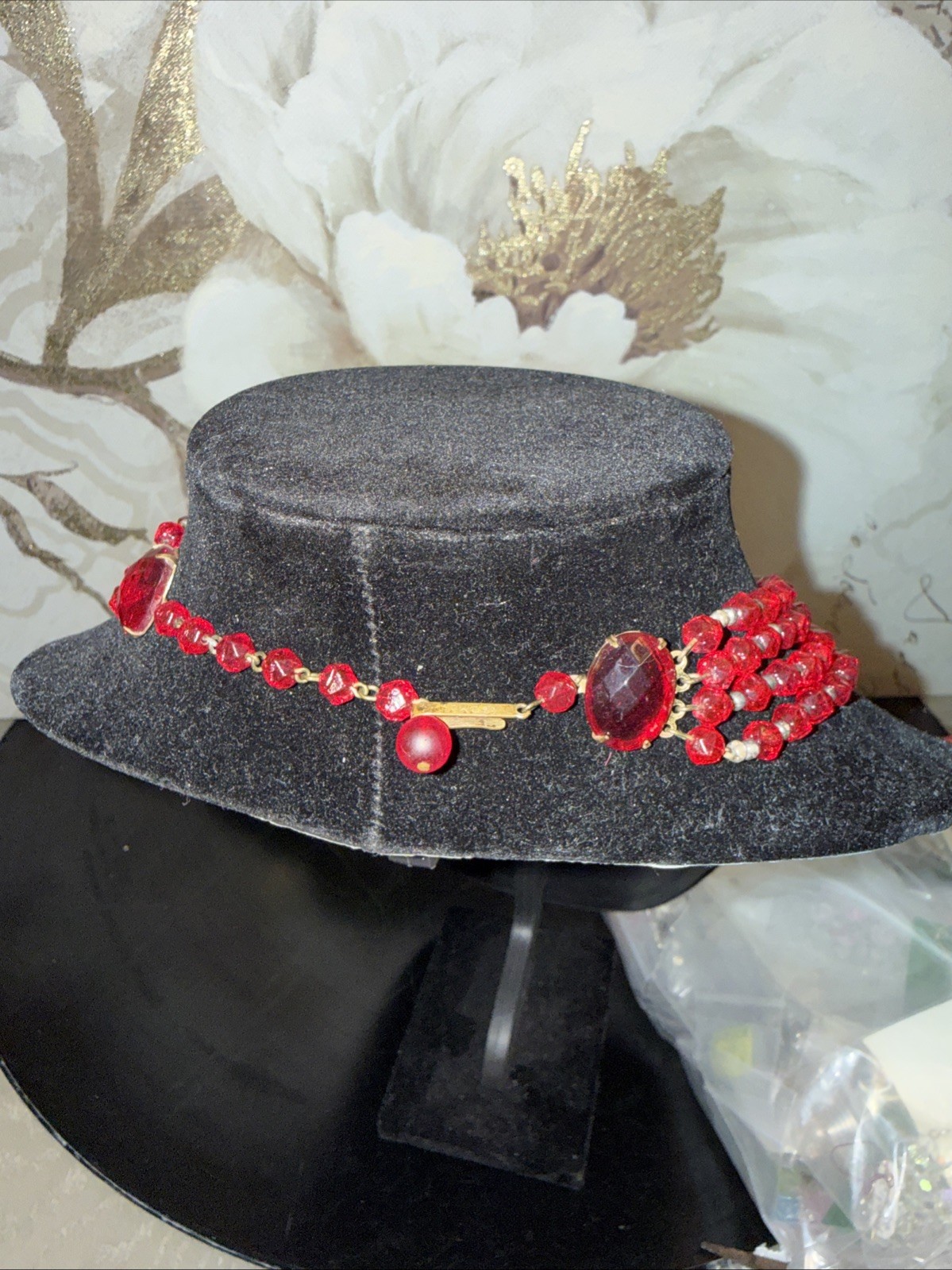 Vintage Western Germany Red/Red Iridescent 4 Stranded Beaded Necklace