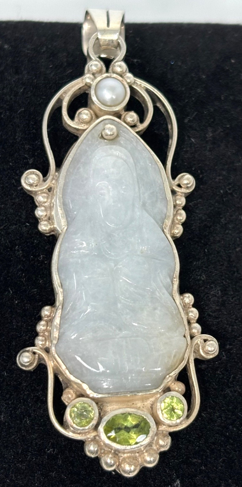 VTG Pendant 925 Silver Scroll Icy White Jadeite Hand-carved Buddha Peridot Pearl