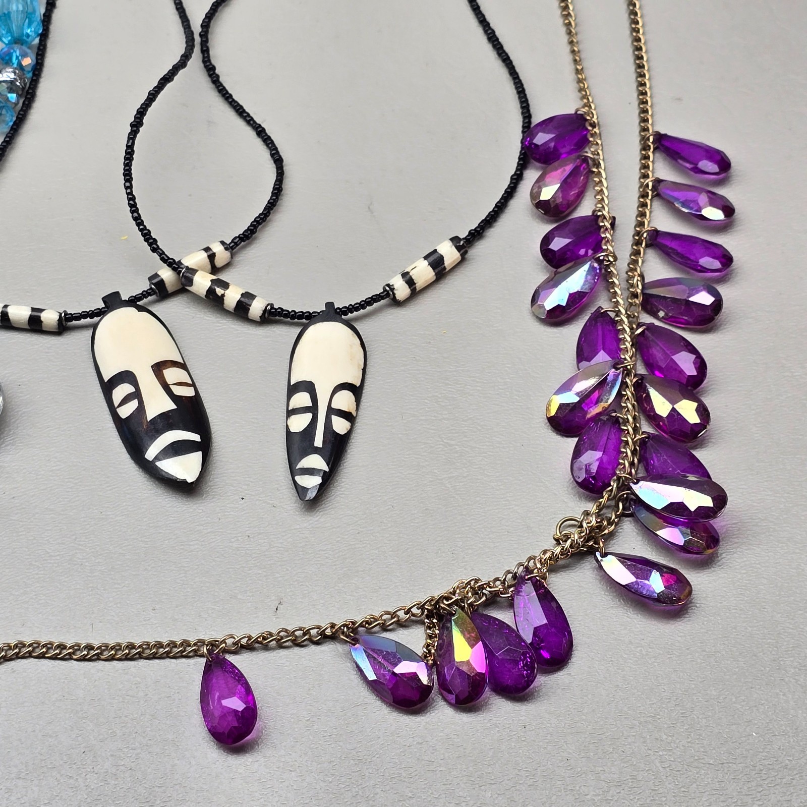 Vintage Necklace Lot Beaded Statement Tribal Mask Abalone Pendant Glass Crystal