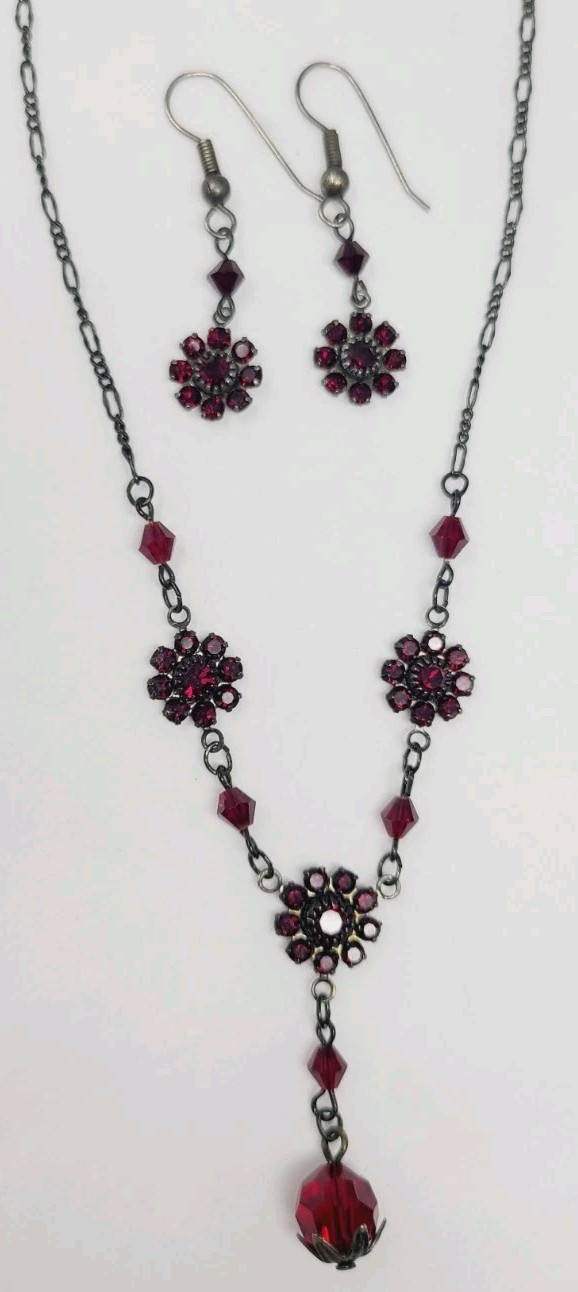 Vintage Austrian Crystal USA Necklace Earrings Set Red Garnet Crystals Black
