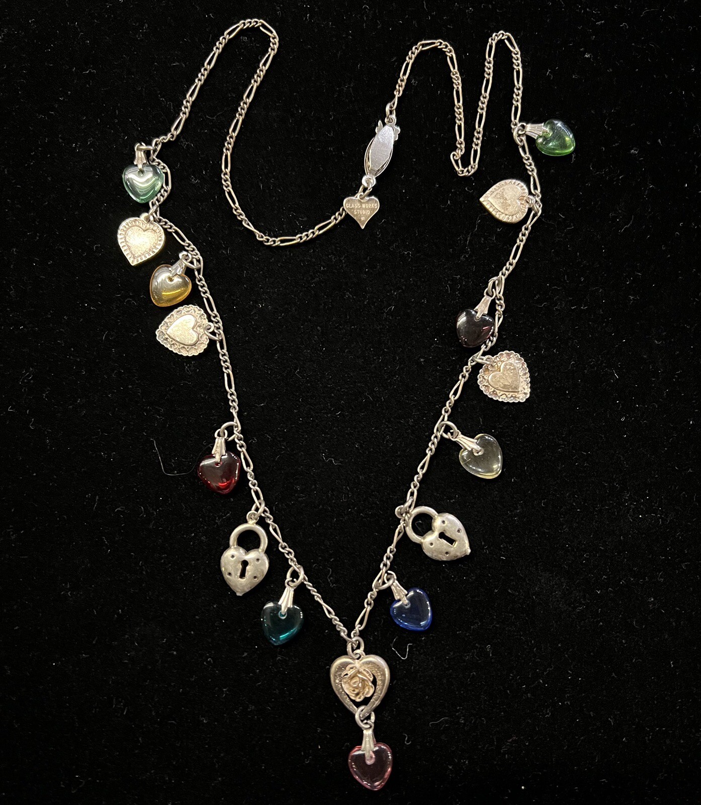 Vintage Glass Works Studio Anne Koplik Heart Charm Necklace Silver Tone—669