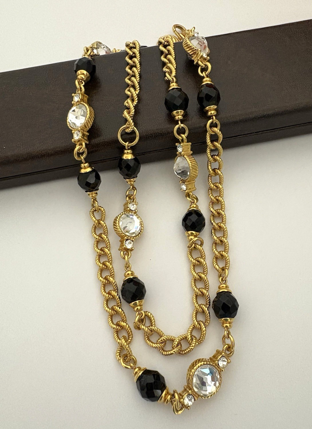 Vintage St. John Necklace Thick Textured Gold Tone Chain Black Clear Glass Beads