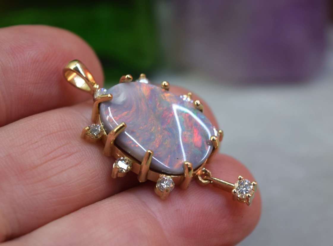 Estate Antique 14K Gold Large 10ct Black Opal Diamond Necklace Pendant