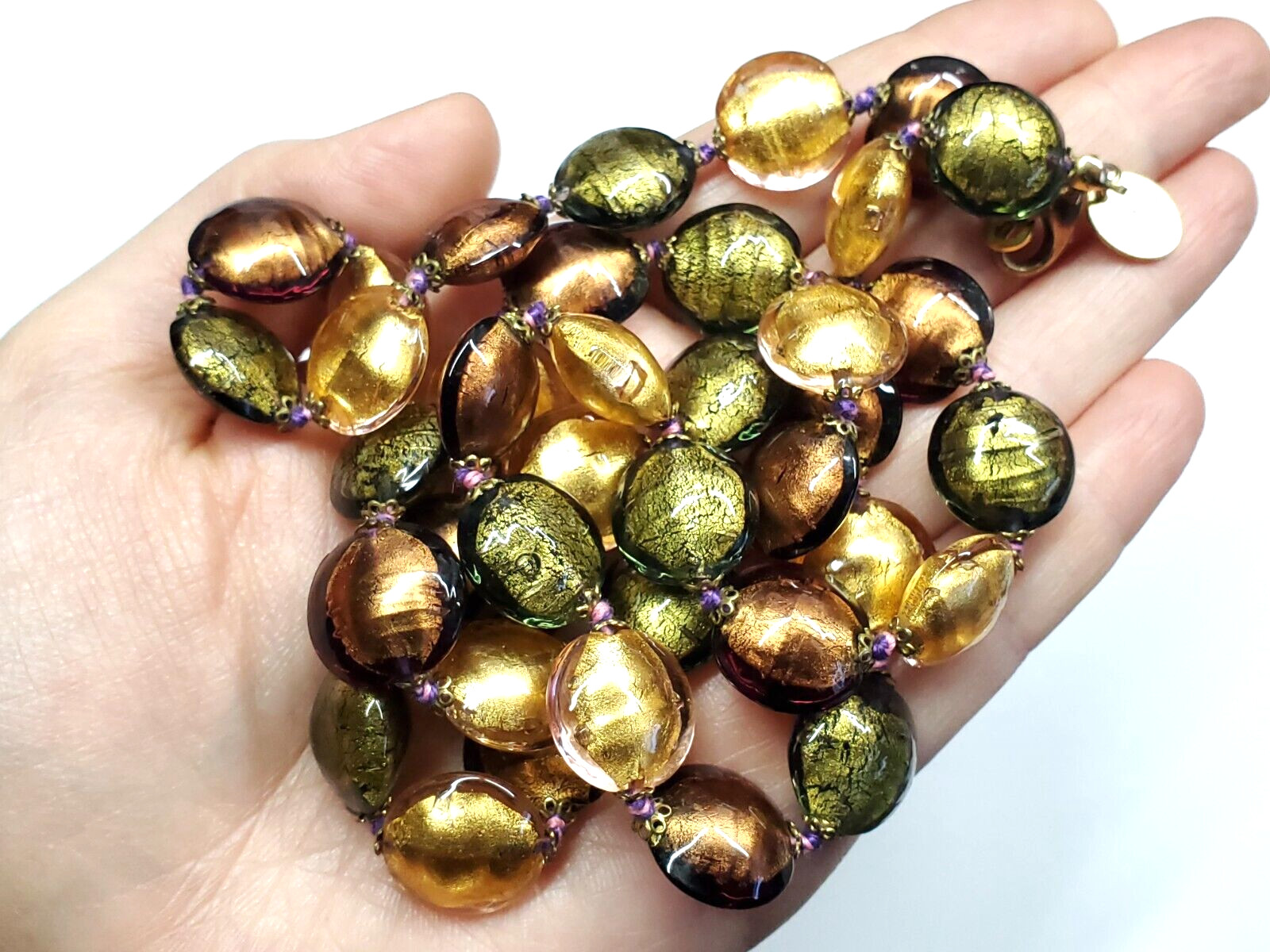 Vintage Signed Elma Venezia Italy Art Foil Glass Green Brown Gold Long Necklace