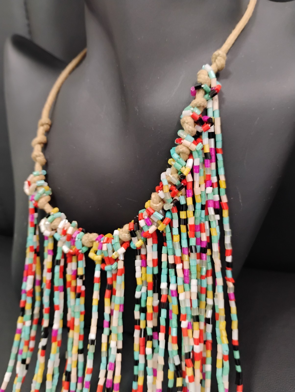 Vintage Bead Fringe Choker Bib Necklace Waterfall Multi Strand