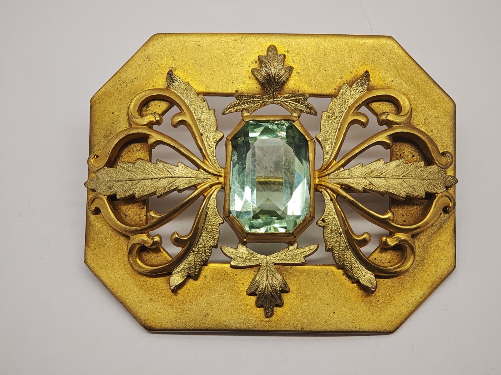 Art Deco Influenced Brooch | Gold Tone, Faceted Green Glass Stone
