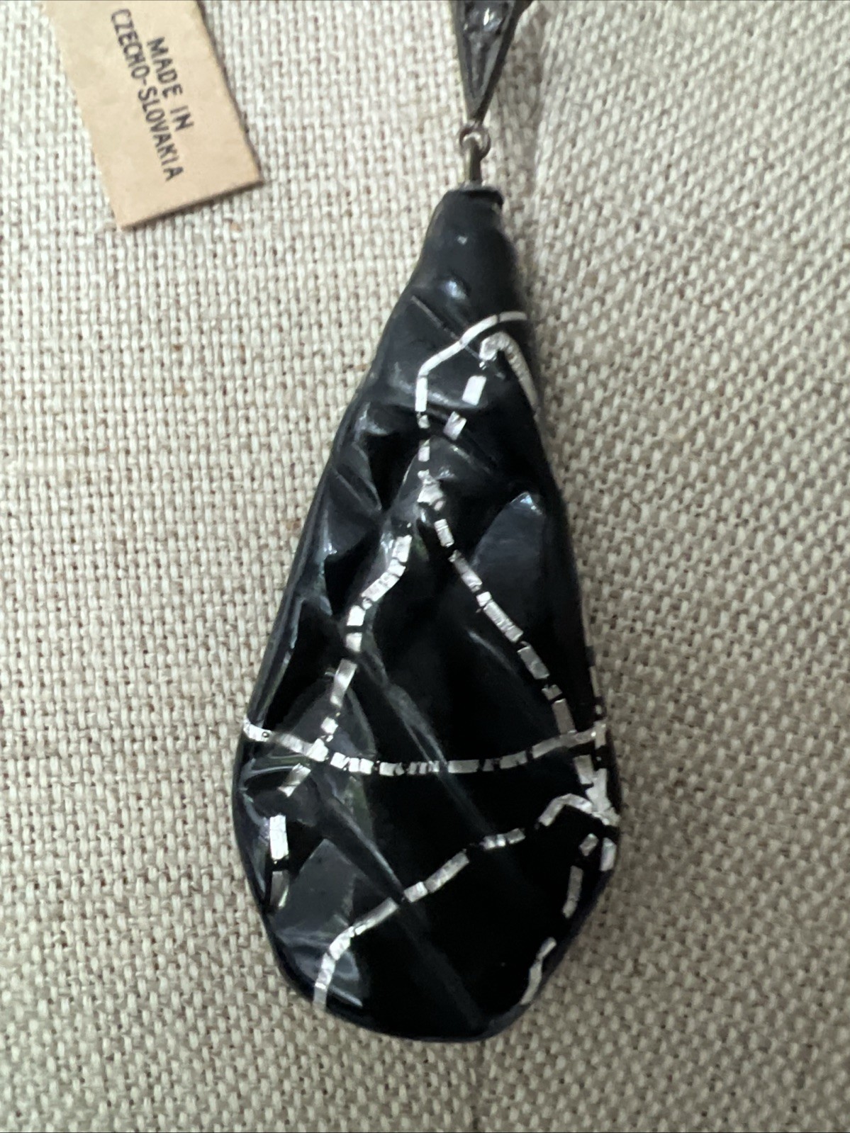 Vintage Black Foil Glass Made In Czecho Pendant Necklace – 1930s – ORIGINAL TAG