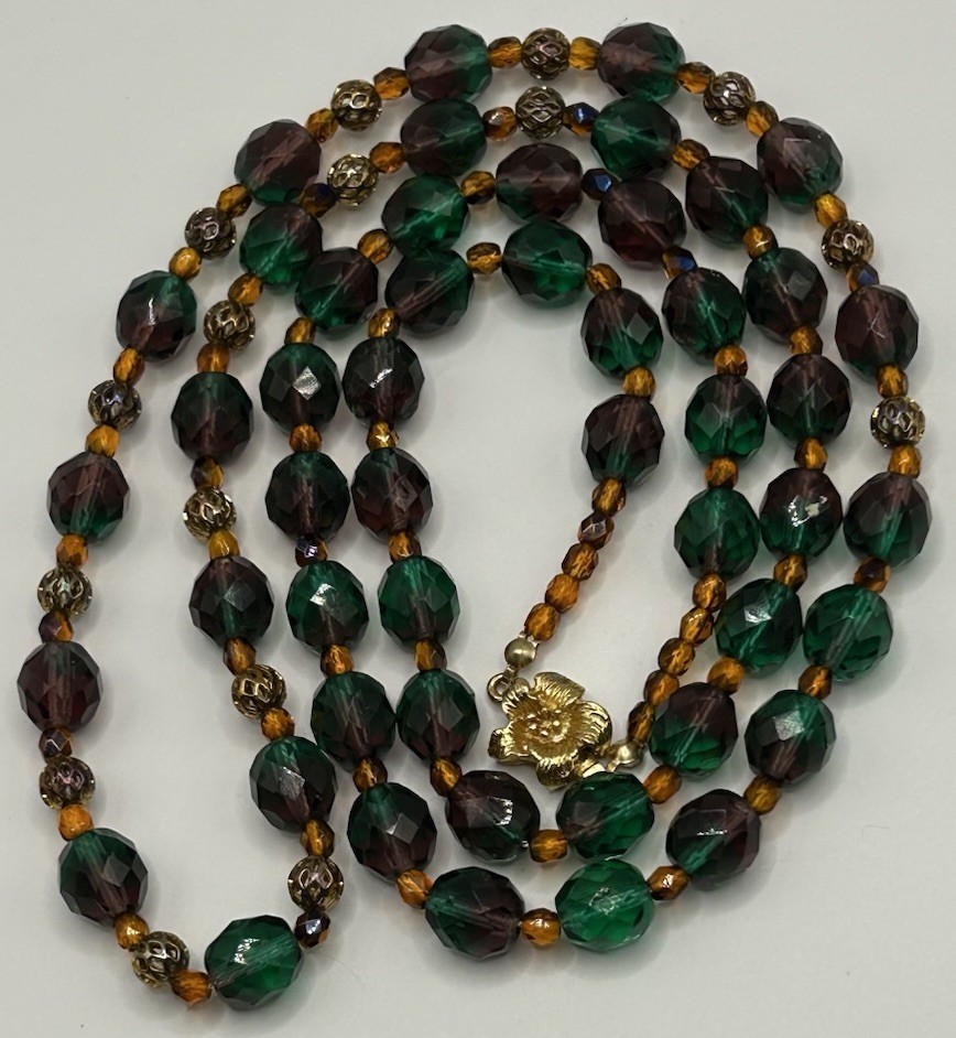 Vintage Retro Amethyst Green Fire Faceted Glass Beaded 33” Necklace