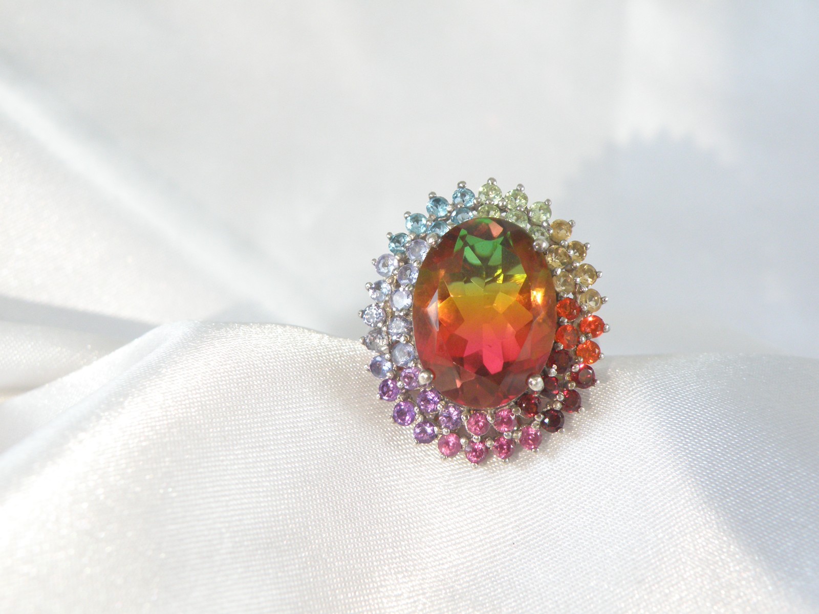 Large Sterling Silver 925 Watermelon Tourmaline Exotic Gemstone Statement Ring 8