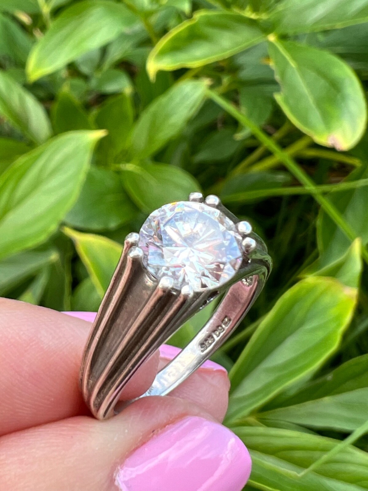 VINTAGE ROUND CZ TENSION SETTING RING 925 SS HEART DETAIL ENGAGEMENT WEDDING