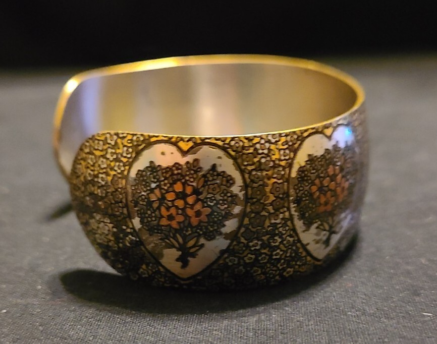 Vintage Reed & Barton Damascene Cuff Bracelet with Hearts and Flowers EUC