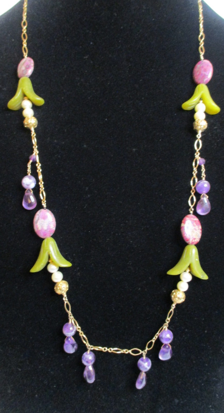 Antique-Like 14K GF Flowerette Necklace w/Jade, Amethyst, Pearl 30.75″L Handmade