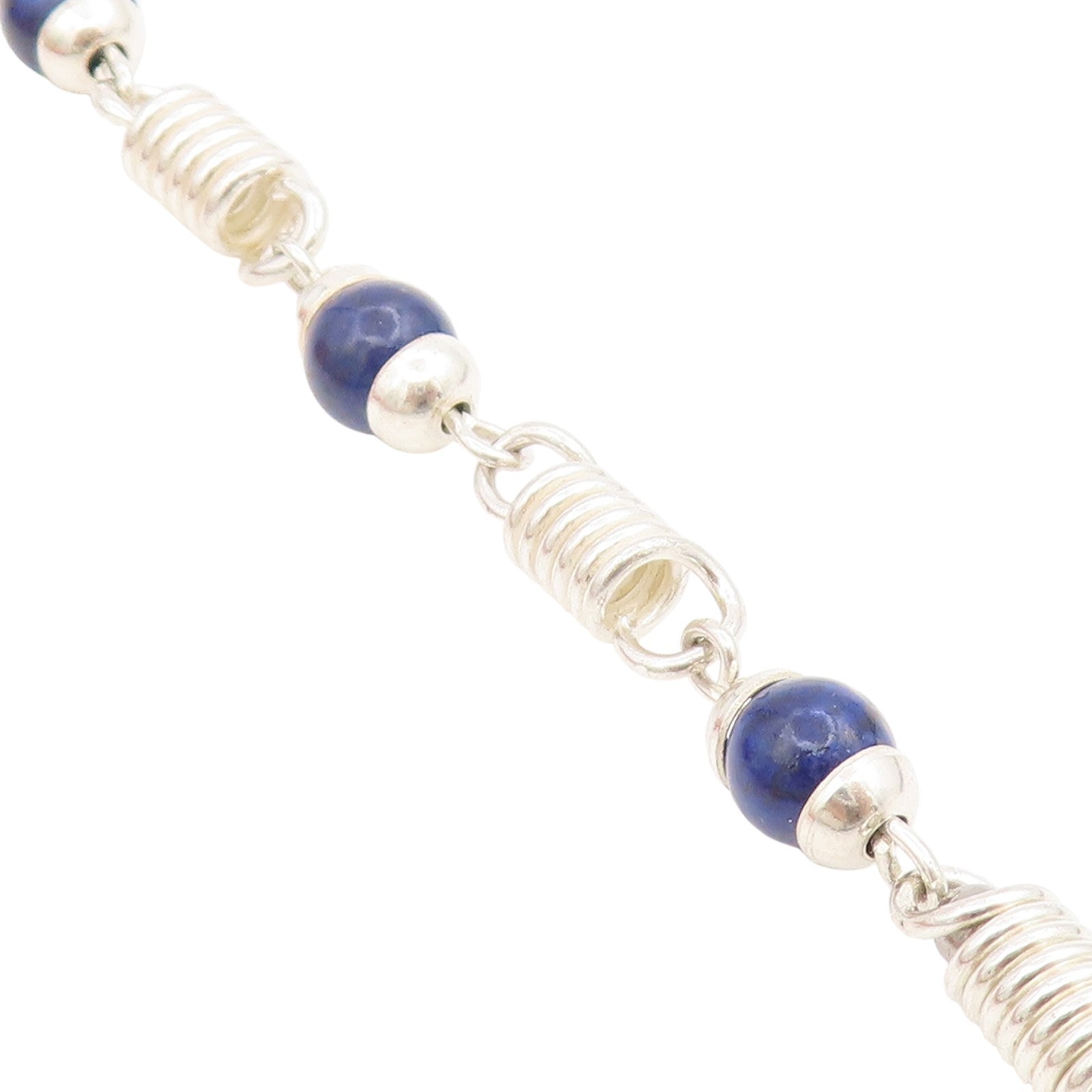 925 Sterling Silver Vintage Bracelet Lapis Lazuli Bead Wire Wrapped Link BT11746