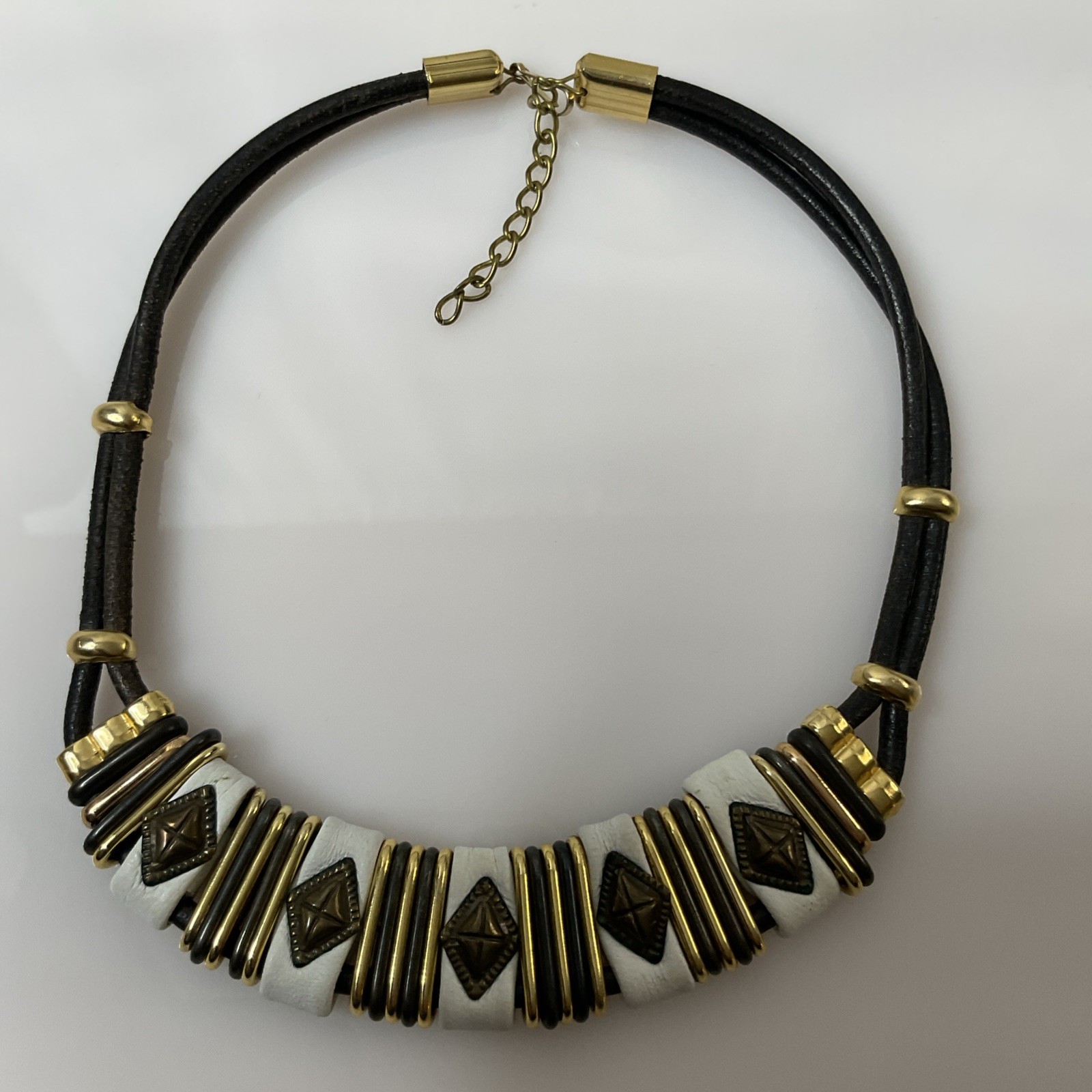 Artisan Vintage Choker Black Leather Cord Mixed Metals Design Necklace